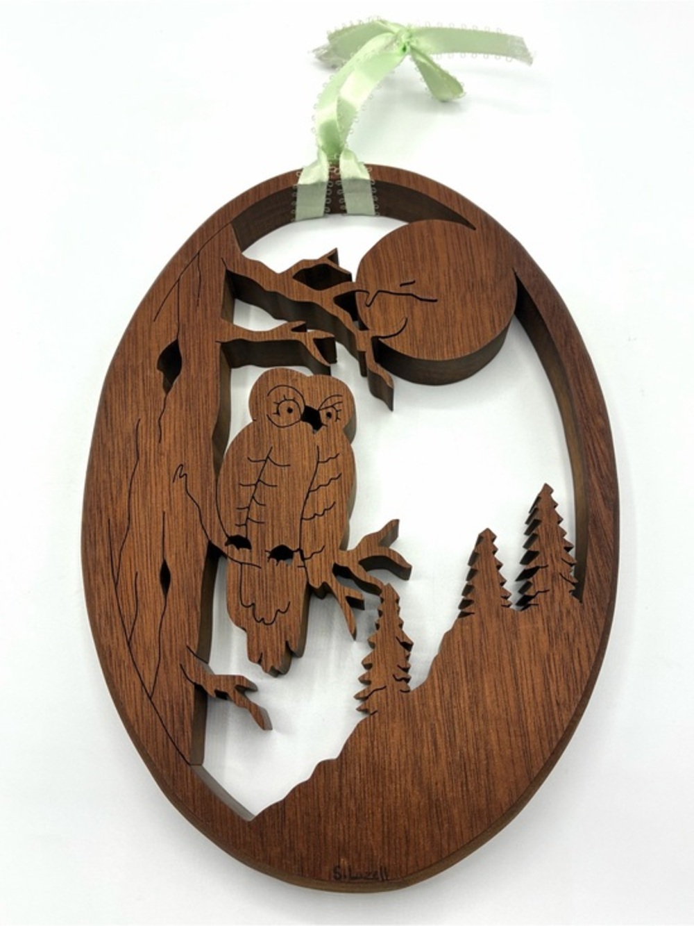 Vintage S. Lazell Signed Wood Owl Wall Hanging Scroll Cut Forest Moon Decor